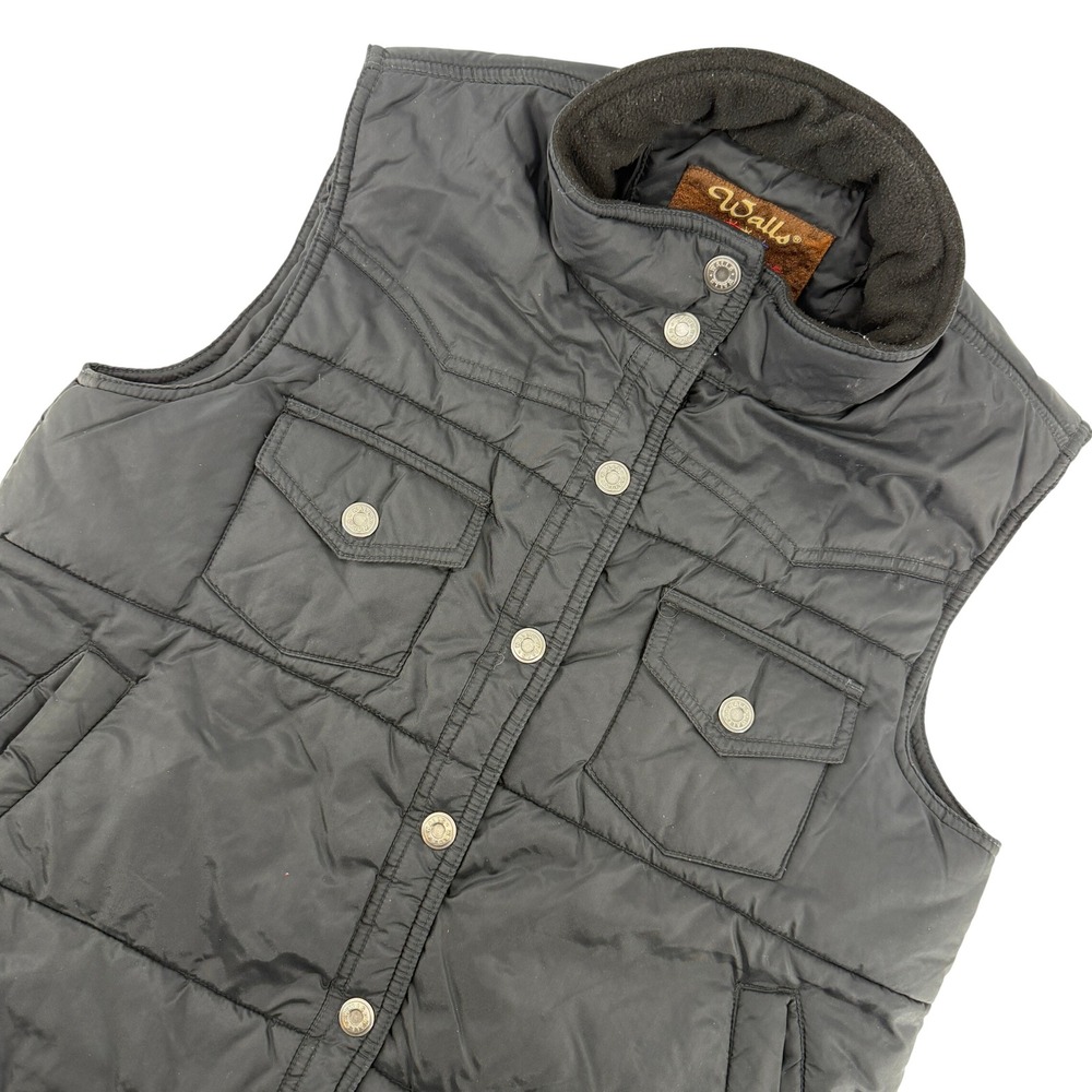 Walls Quilted Puffer Vest Womens Medium Black Snap Front Fleece Lined Ranch Wear